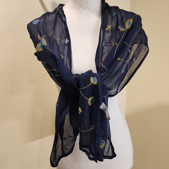 Elaine Gold Navy Blue Light Weight Embroidered Neck Scarf - Picture 1 of 11